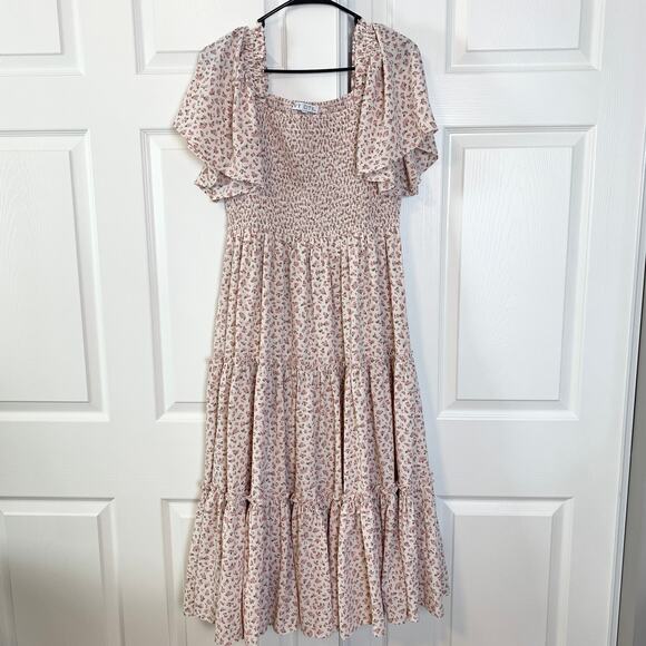 Ivy City Co Sweet Posie Smocked Floral Flutter Sleeve Tiered Midi Dress Large - Picture 6 of 9